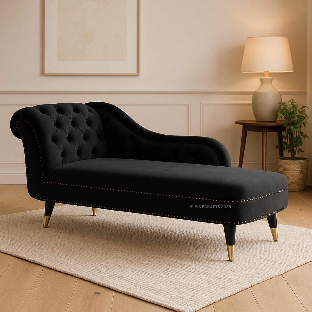 Black chaise lounge in a room with a lamp and plant